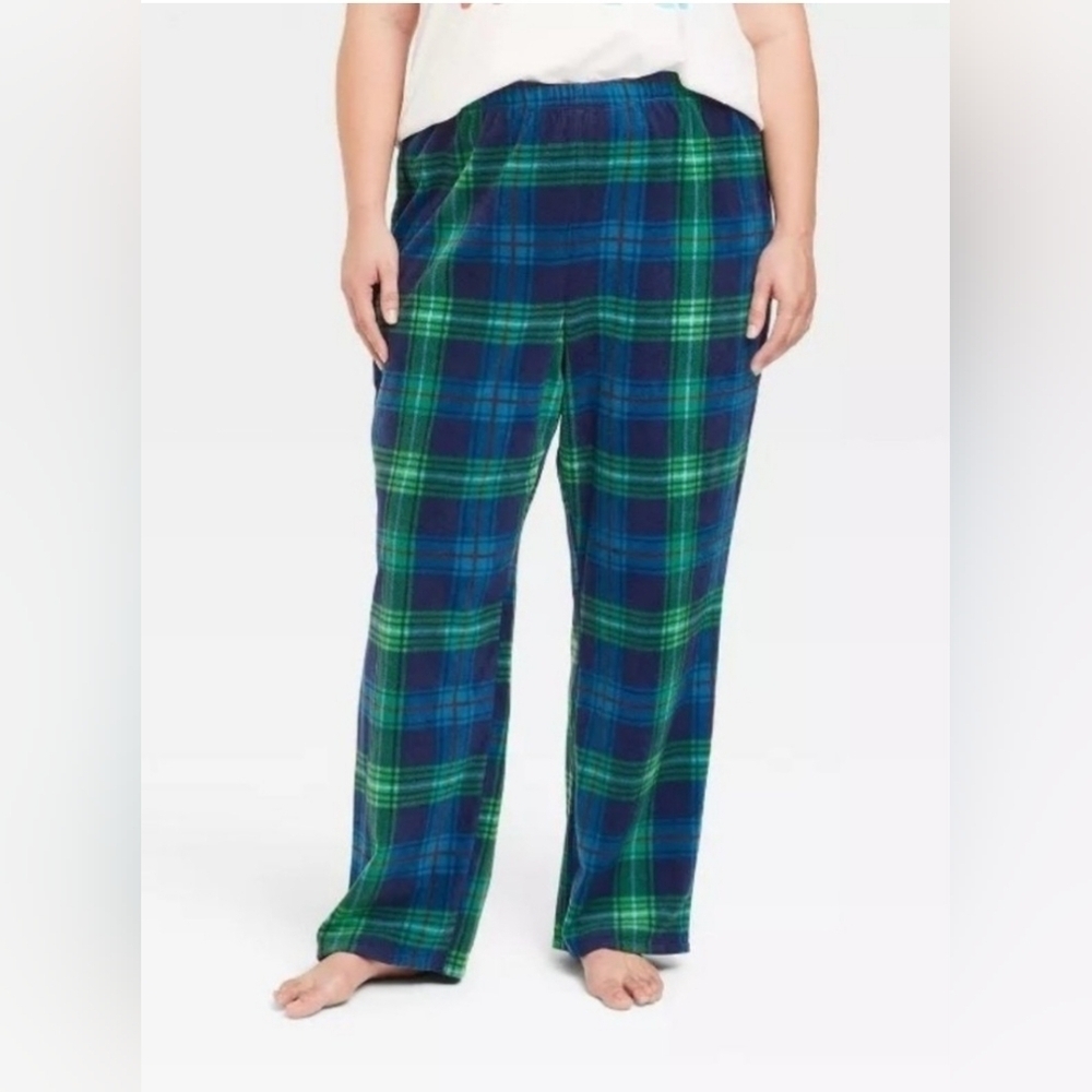 3X Blue Green Fleece Plaid Elastic Waist Pajama Bottoms EUC